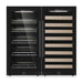 KingsBottle 47" High Upright Wine and Beverage Refrigerator Combo With Low-E Glass Door shows a dual-zone design with wire shelves for drinks and wooden racks for wine