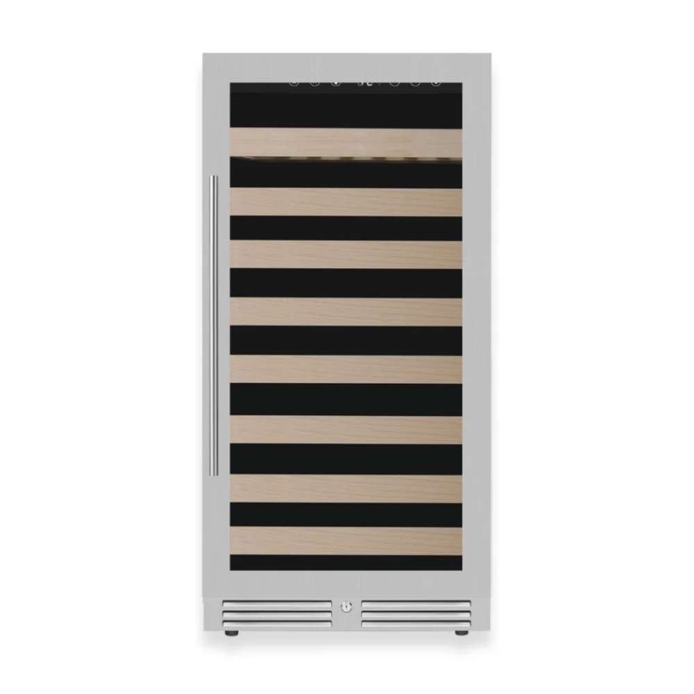KingsBottle 47-Inch Height Single Zone Wine Cooler With Low-E Glass Door showing a stainless steel model with handle on the left side