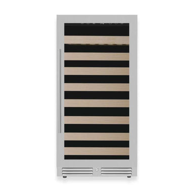 KingsBottle 47-Inch Height Single Zone Wine Cooler With Low-E Glass Door showing a stainless steel model with handle on the left side