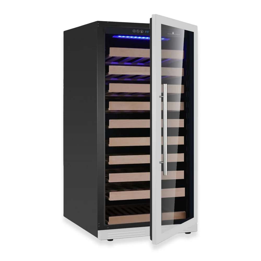 KingsBottle 47-Inch Height Single Zone Wine Cooler With Low-E Glass Door with the door open displaying interior shelves and lighting