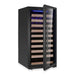 KingsBottle 47-Inch Height Single Zone Wine Cooler With Low-E Glass Door with the door open revealing multiple wooden shelves and blue interior lighting