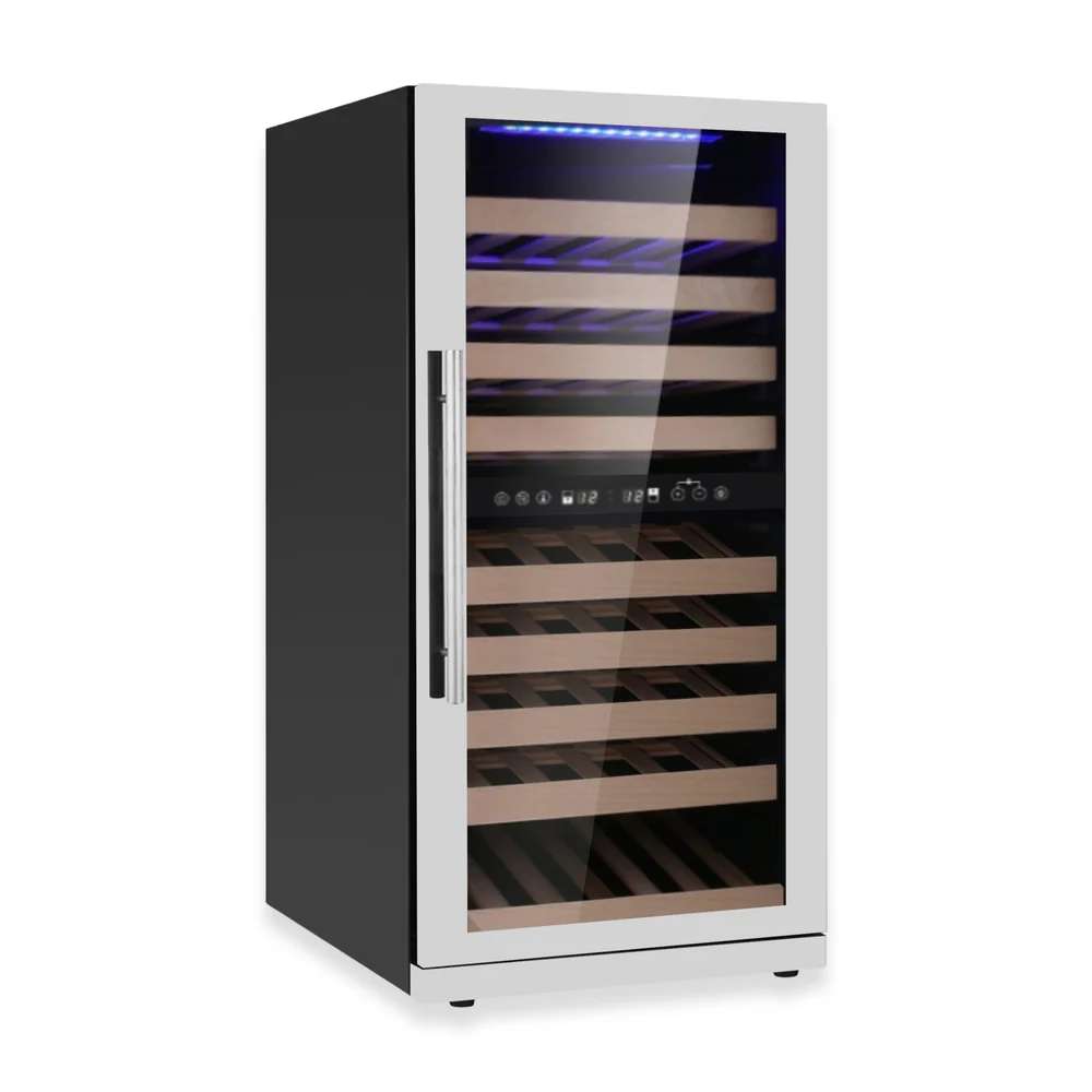 KingsBottle 47-Inch Tall Dual Zone Wine Cooler With Low-E Glass Door closed in stainless steel design with a clear glass door and visible shelving