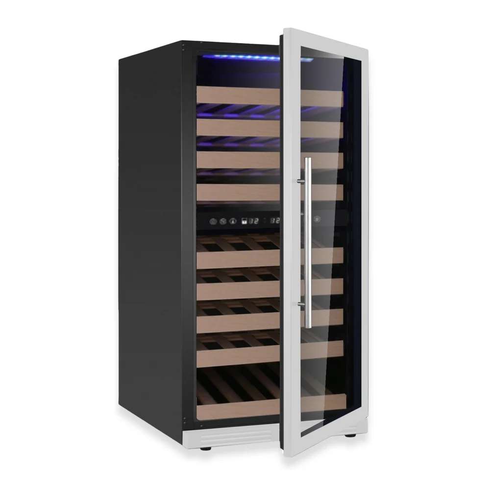 KingsBottle 47-Inch Tall Dual Zone Wine Cooler With Low-E Glass Door open in stainless steel finish showing interior shelves and lighting