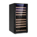 KingsBottle 47-Inch Tall Dual Zone Wine Cooler With Low-E Glass Door shown closed with a sleek black finish and glass front displaying wooden shelves