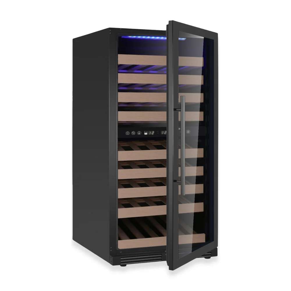 KingsBottle 47-Inch Tall Dual Zone Wine Cooler With Low-E Glass Door with the door open, revealing illuminated wooden shelves inside