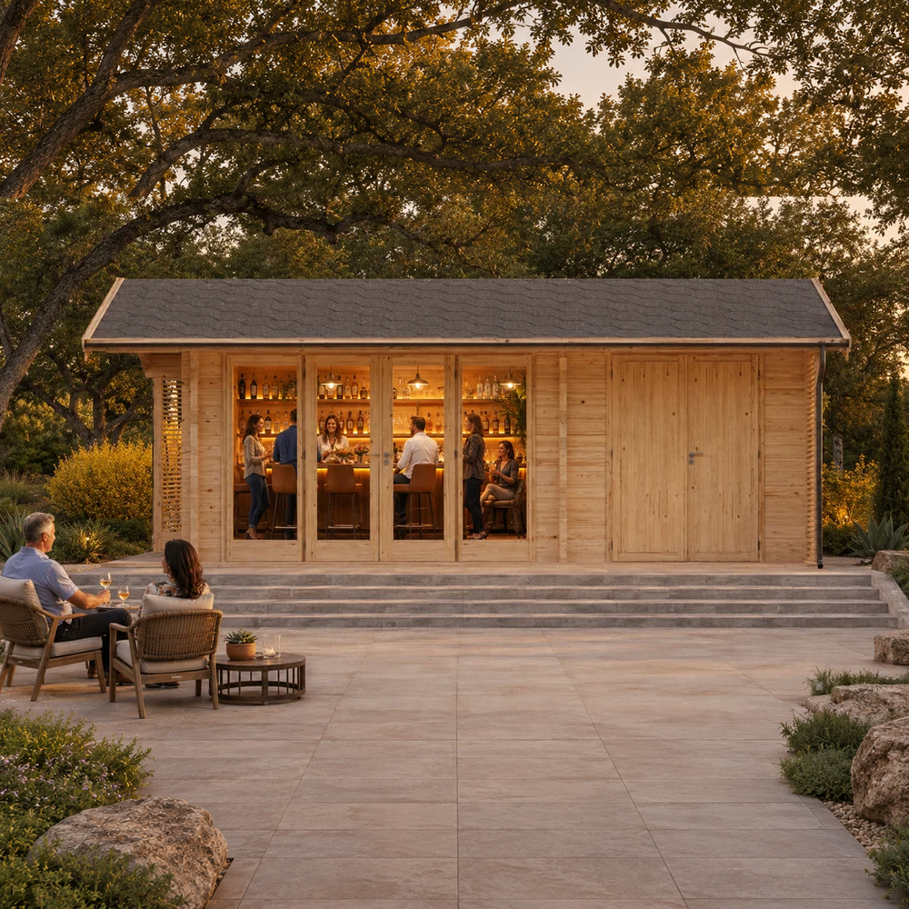 Rectangular wood cabin with glass doors and a bar inside, set on a stone patio with people sitting at a table.