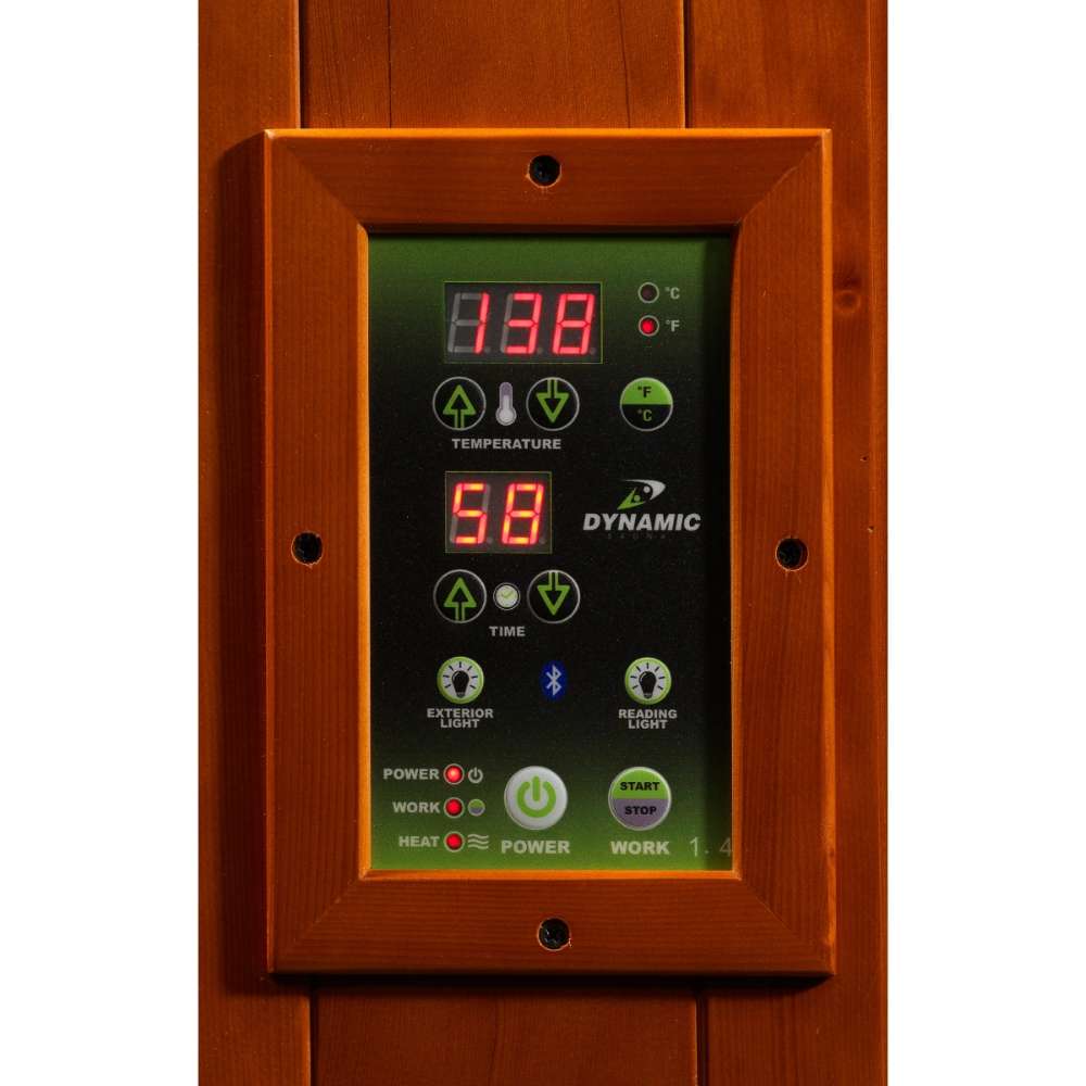 LED control panel with red digital readouts and round buttons in a wood frame for Golden Designs Dynamic Avila Elite 1-2 Person Ultra Low EMF Far Infrared Sauna