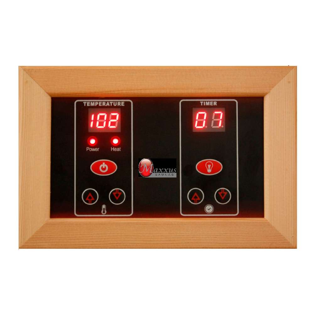 LED control panel with red temperature and timer readouts in a light wood frame for Golden Designs Maxxus 3 Person Low EMF Far Infrared Sauna in Hemlock