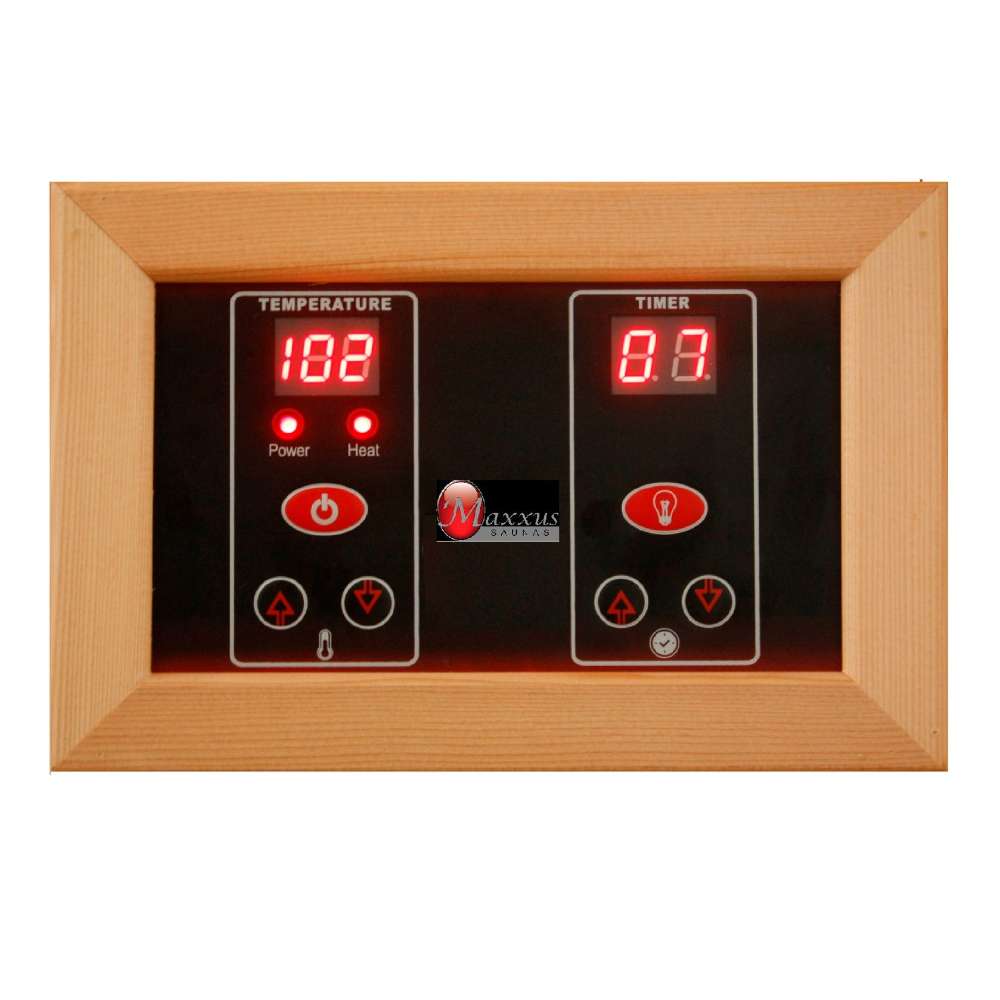 LED control panel with red temperature and timer readouts in a light wood frame for Golden Designs Maxxus 4 Person Low EMF Far Infrared Sauna in Hemlock