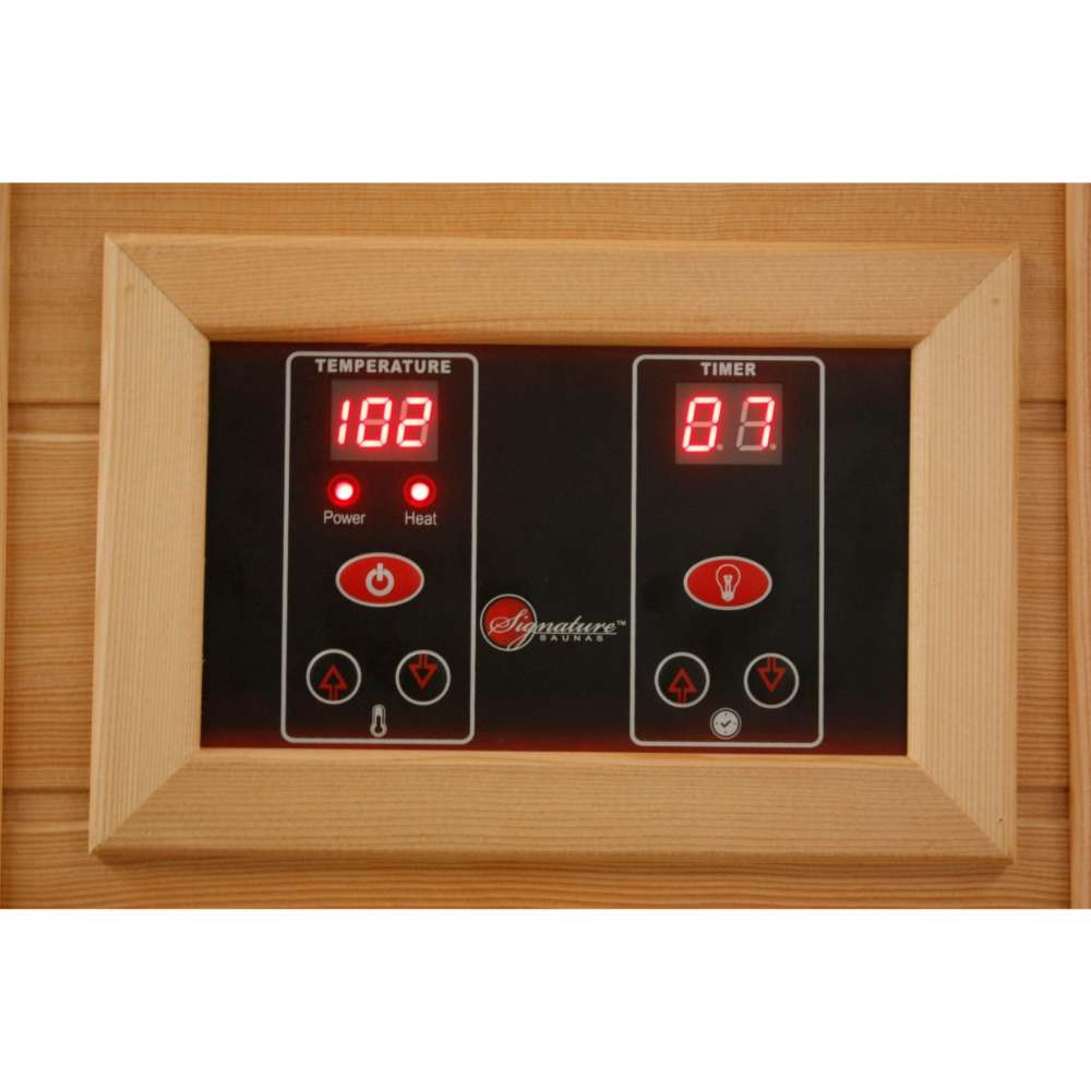 LED control panel with red temperature and timer readouts in a light wood frame for Golden Designs Maxxus Montilemar 3 Person Near Zero EMF Far Infrared Sauna in Red Cedar