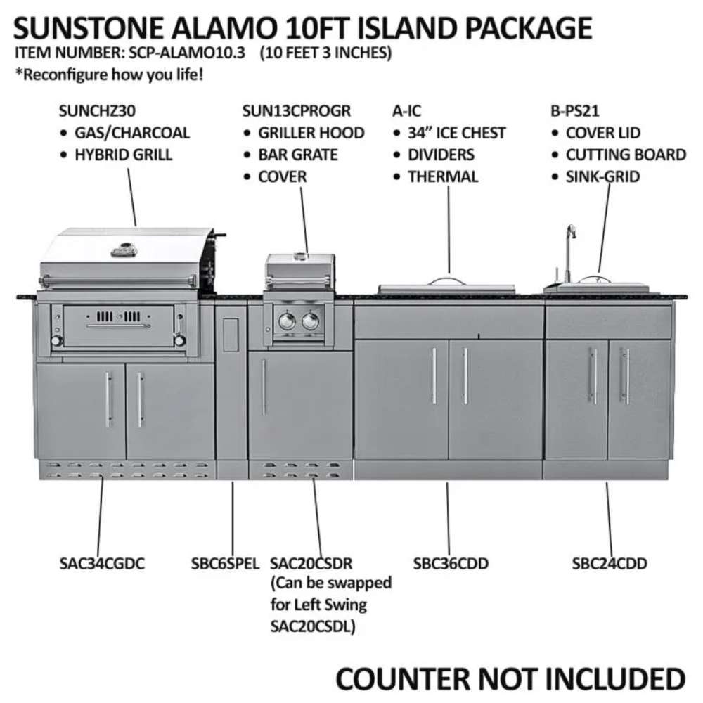Labeled component diagram of the Sunstone Alamo 10ft Outdoor Cabinet Island Package with Hybrid Grill