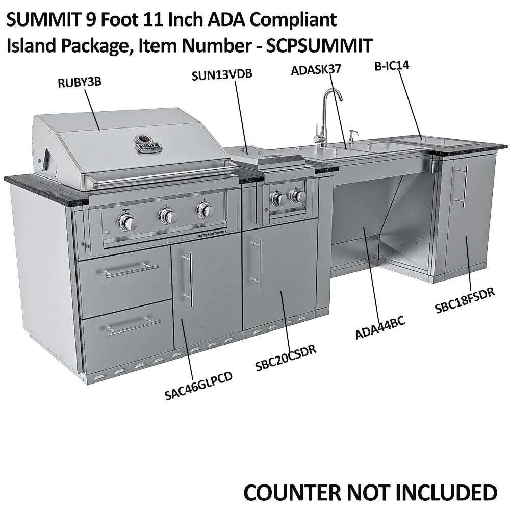 Labeled diagram of Sunstone Summit 10ft Outdoor Kitchen Island Package highlighting grill, sink, storage, and ADA-compliant space