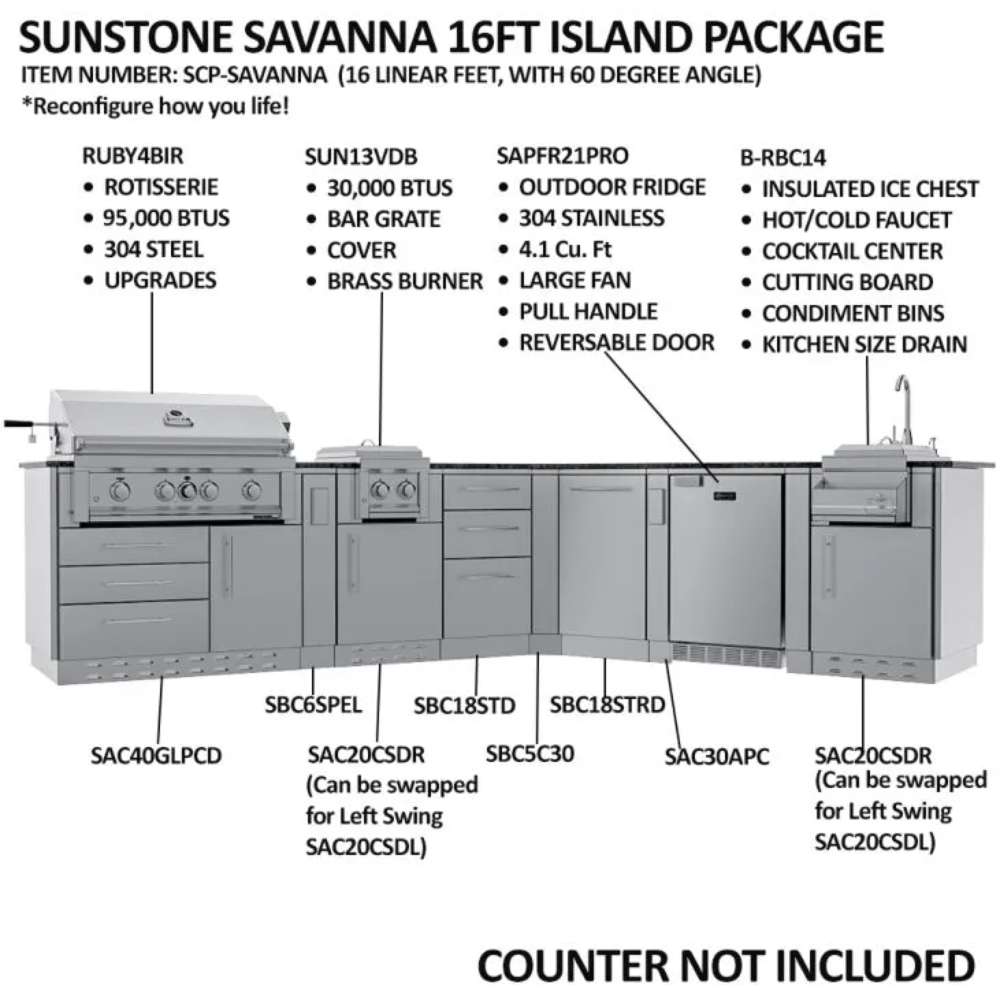 Labeled diagram shows Sunstone Savanna 16ft Outdoor Cabinet Package with 60° Angle with grill, fridge, ice chest, and sink features