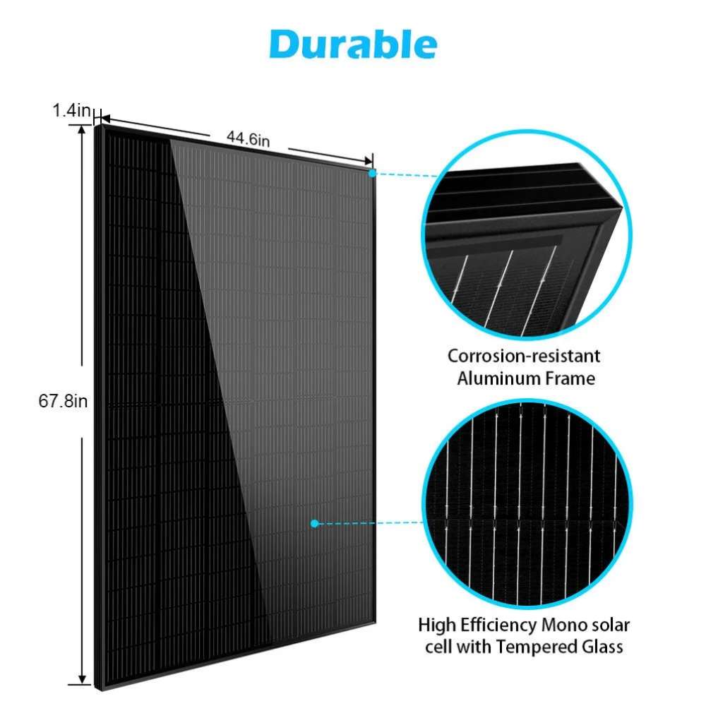 Labeled dimensions, a corrosion-resistant aluminum frame, and tempered glass construction are shown on Sun Gold Power 415W Mono Black PERC Solar Panel
