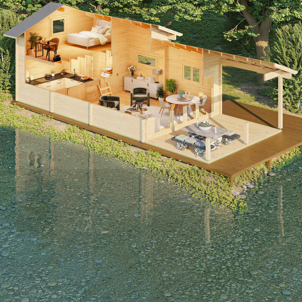 Full interior of the GardenHouse24 USA Lake House 70A Garden Room, including a loft bed, kitchen, dining area, and living space
