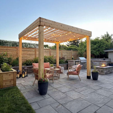 Landscaped backyard with seating and grill beneath the Outdoor Living Today Western Red Cedar Urban Escape Pergola