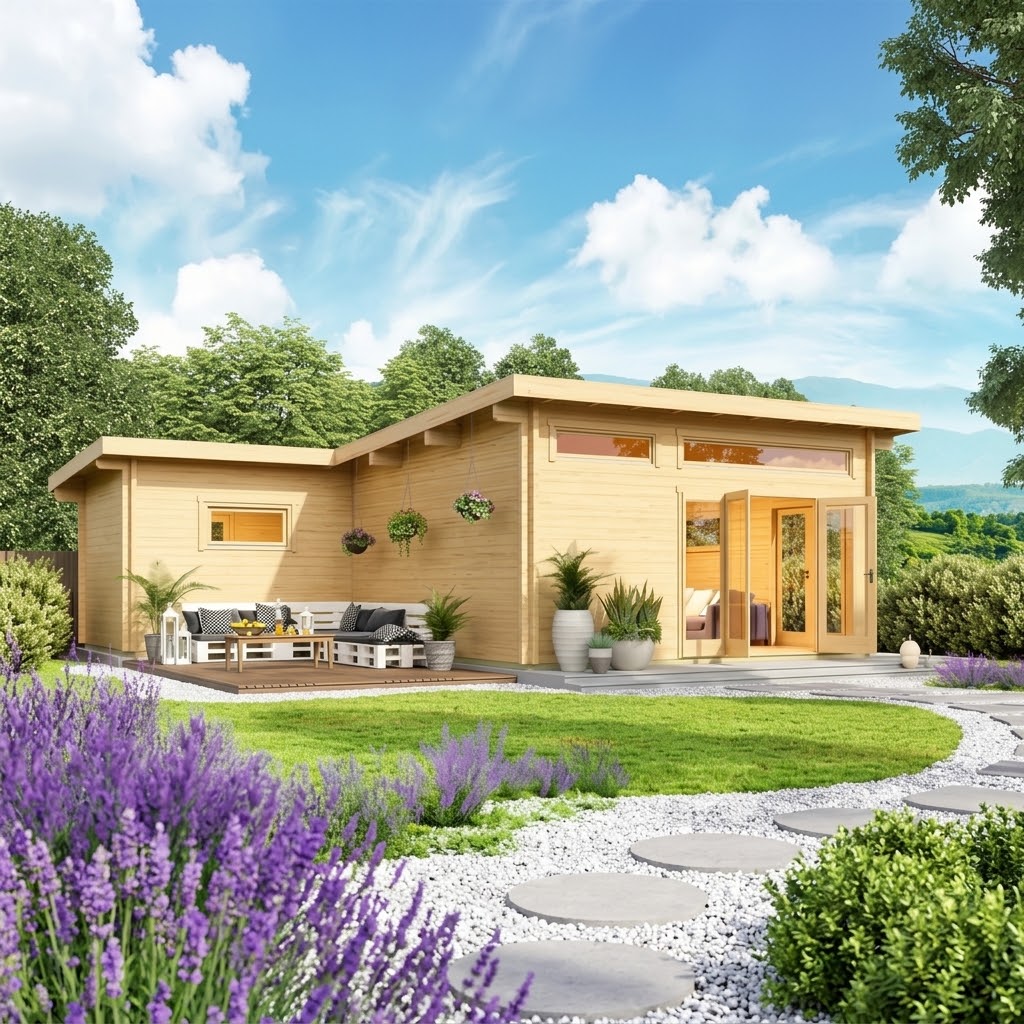 A landscaped garden surrounds the GardenHouse24 USA Harbord 70 Garden Room, featuring an outdoor seating area and blooming flowers in the foreground