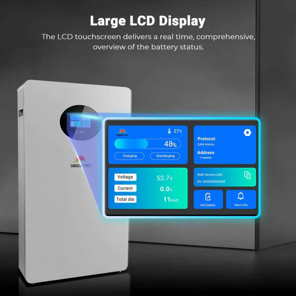 Large LCD screen on Sun Gold Power 10240Wh 51.2V 200Ah Wall-Mounted LiFePO4 Lithium Battery displays real-time battery status and performance