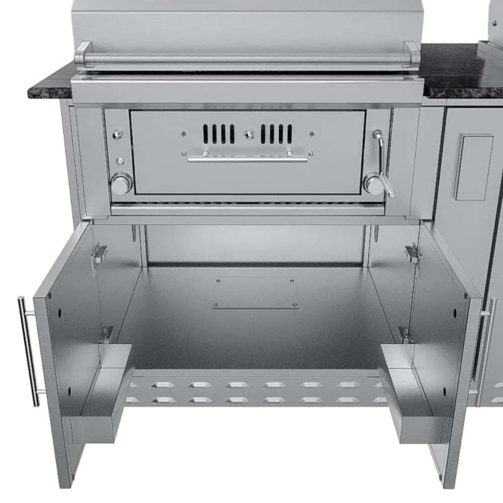 Large open storage cabinet beneath the grill showing interior space in the Sunstone Texas Tango 19ft Outdoor Kitchen Island Package