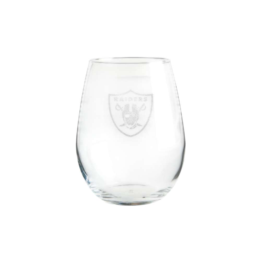 Las Vegas Raiders Crate & Barrel NFL Aspen 11.75oz Stemless Wine Glass, Set of 4 featuring an etched Raiders shield and helmet logo on clear glass