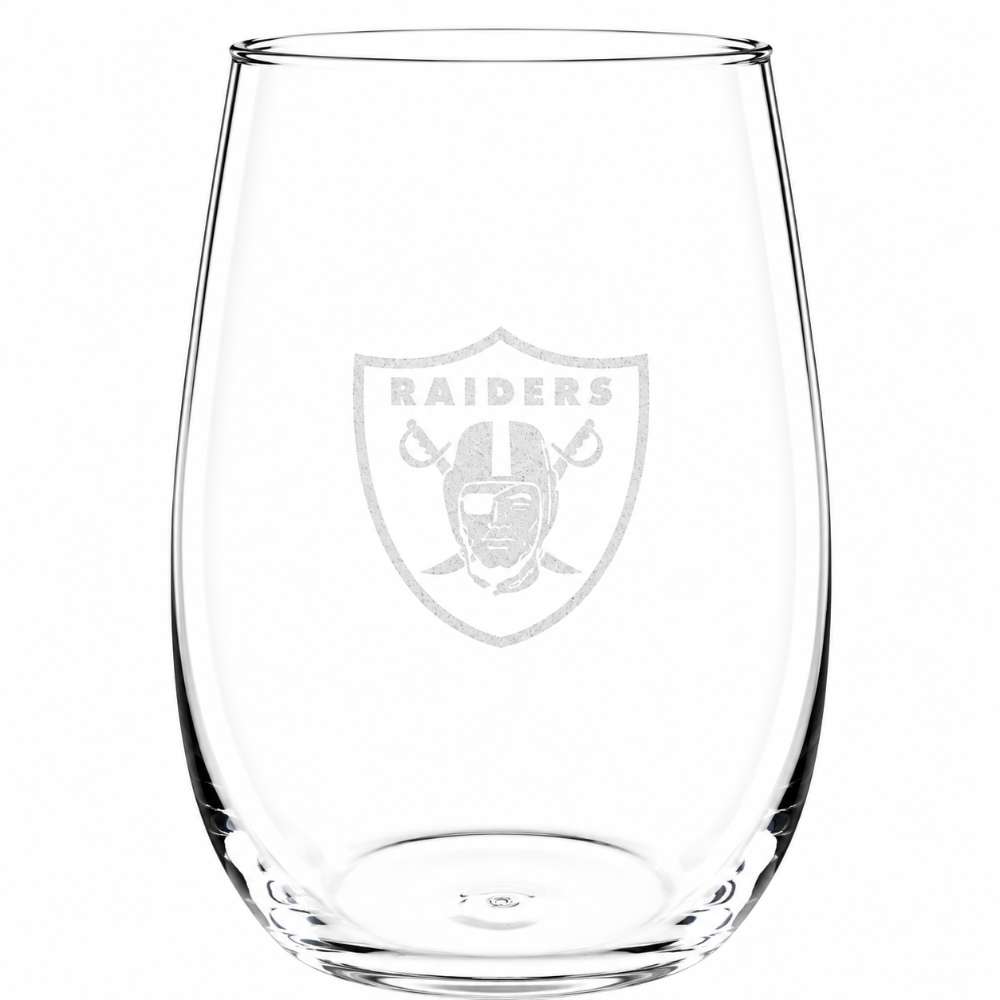 Las Vegas Raiders Crate & Barrel NFL Aspen 17oz Stemless Wine Glass, Set of 4 features a clear stemless glass etched with the Raiders shield logo