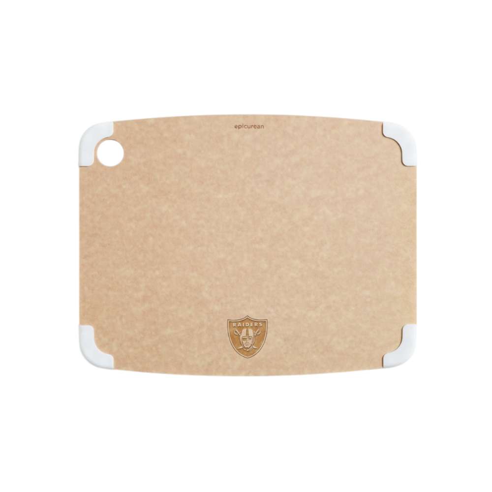 Las Vegas Raiders Crate & Barrel NFL Organic Cotton Oven Mitt with Silicone Grip features a natural tan surface, white corner grips, and an engraved Raiders shield logo