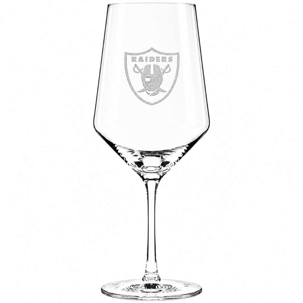 Las Vegas Raiders Crate & Barrel NFL Tour 18oz Red Wine Glass, Set of 4 featuring the Raiders shield logo etched on a clear stemmed wine glass
