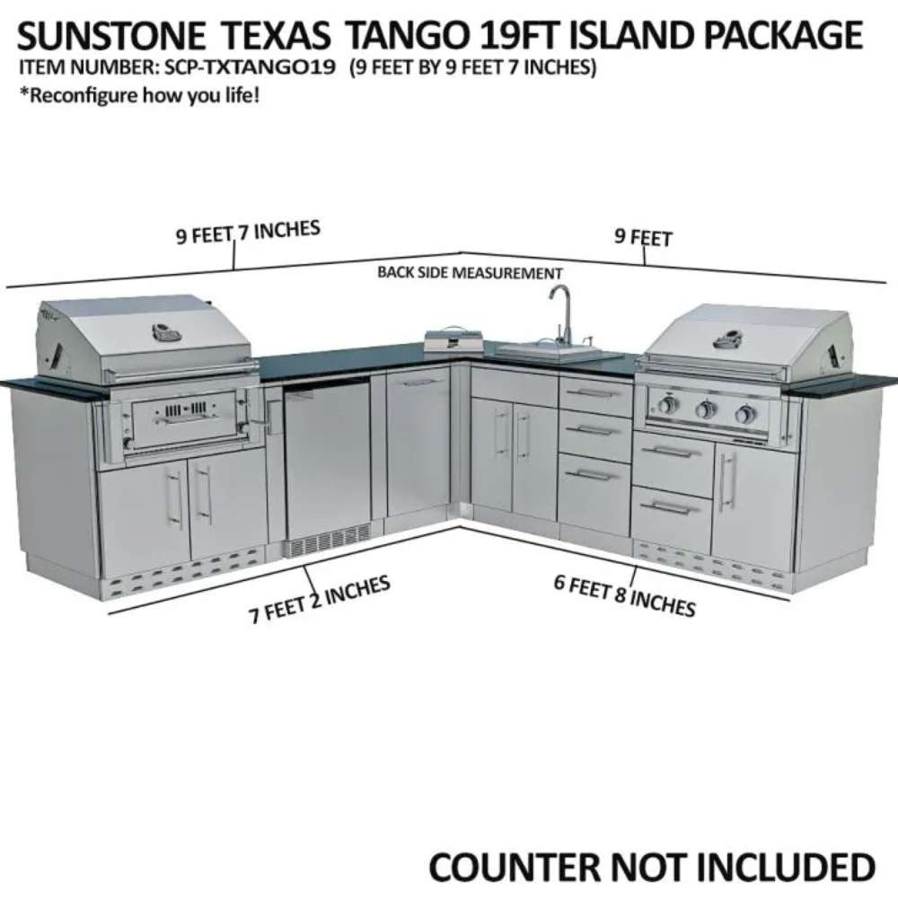 Layout and dimensions diagram of the Sunstone Texas Tango 19ft Outdoor Kitchen Island Package