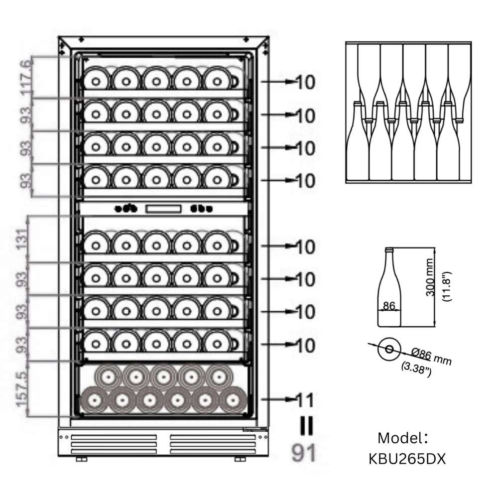 Layout drawing of wine bottle storage inside KingsBottle 47" High Wine & Beverage Refrigerator Combo with Triple Temp Zones