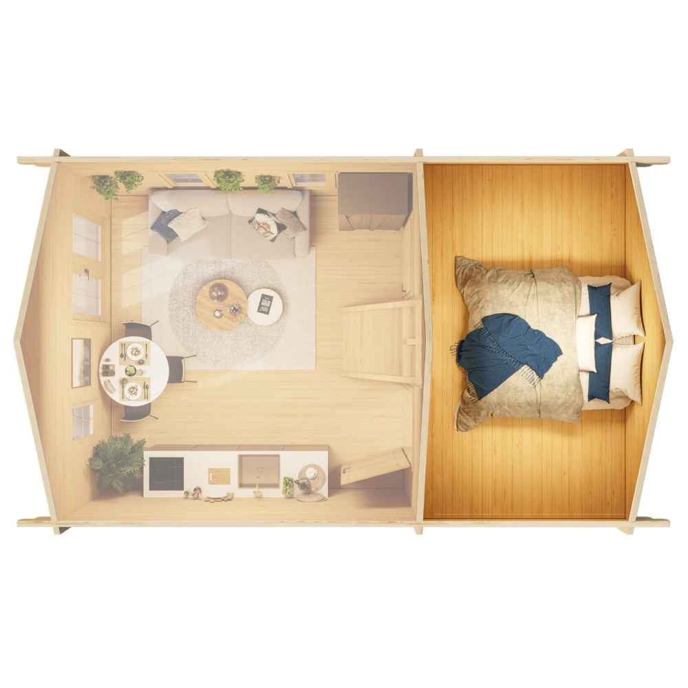 Layout of the GardenHouse24 USA Farum 44 Garden Room displays a single large bed in the private bedroom with the rest of the room highlighted in soft focus