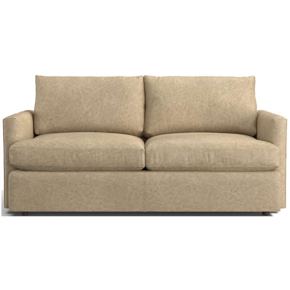 Leather Bisque (Montura) Crate & Barrel Lounge Sofa shown in distressed light tan leather with slim track arms and plush seat cushions
