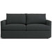 Leather Carbon (Renew Vegan Leather) Crate & Barrel Lounge Sofa shown in dark charcoal vegan leather with oversized cushions and a sleek modern frame