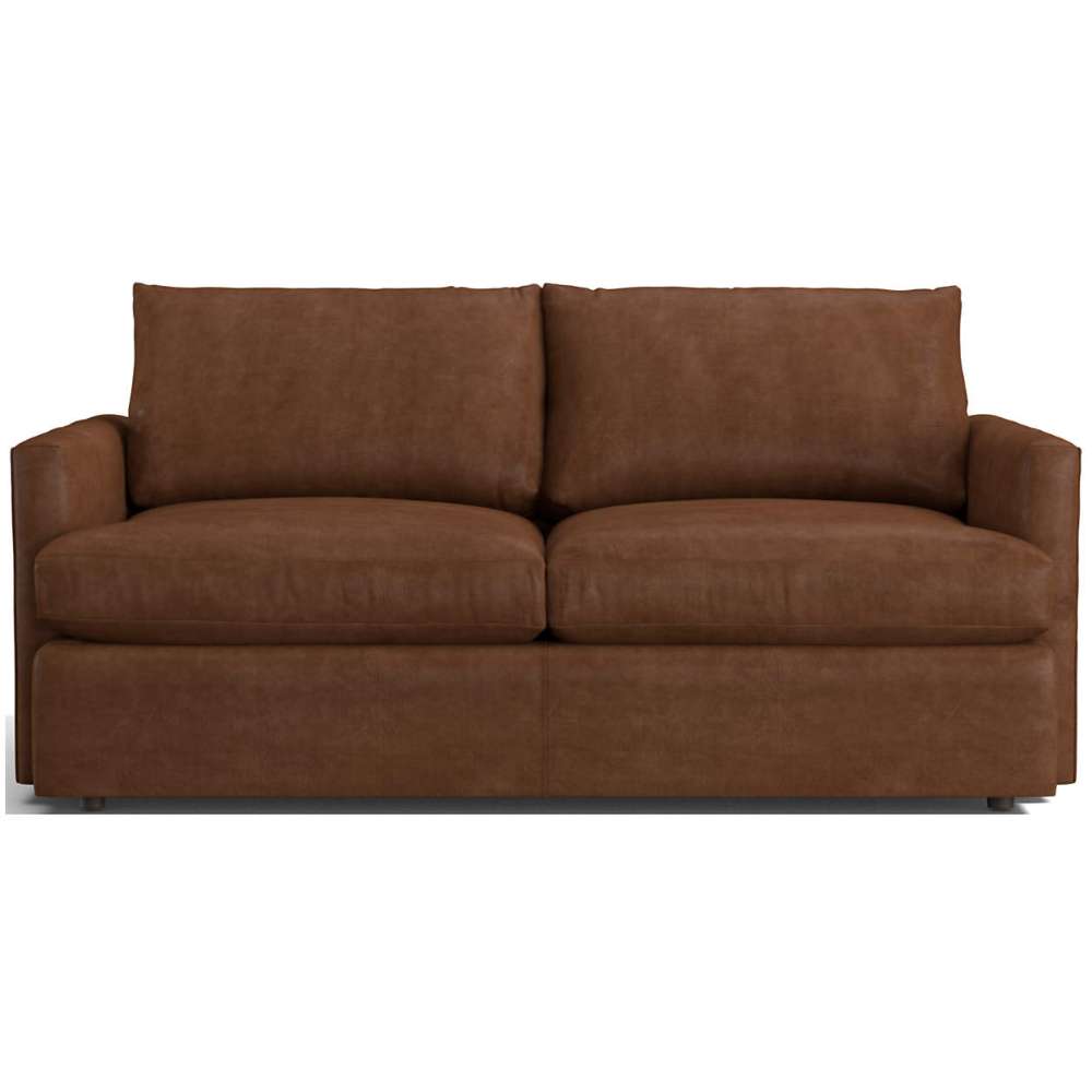 Leather Hickory (Satchel) Crate & Barrel Lounge Sofa shown in warm brown leather with a lightly distressed finish and deep cushions