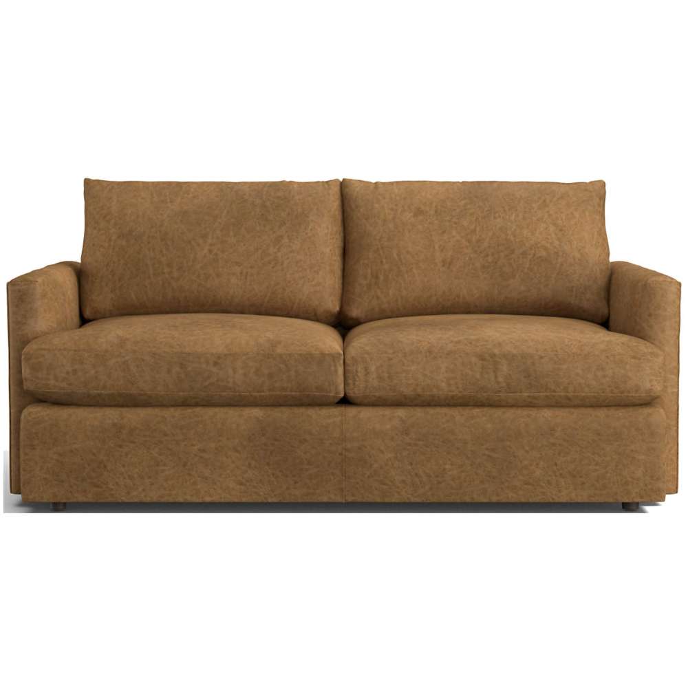 Leather Honey (Montura) Crate & Barrel Lounge Sofa shown in honey brown distressed leather with plush cushions and slim track arms