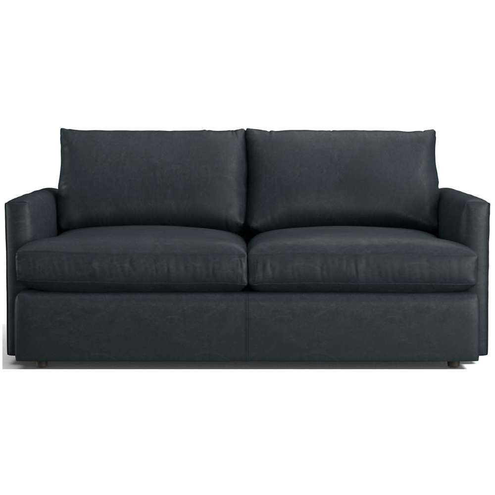 Leather Indigo (Pessoa) Crate & Barrel Lounge Sofa shown in deep indigo blue leather with plush cushions and clean track arms