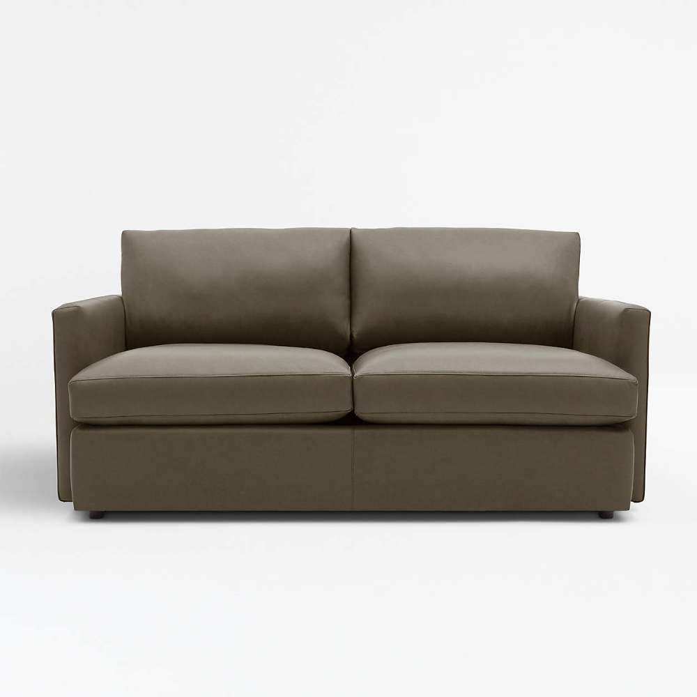 Leather Iron (Lukas) Crate & Barrel Lounge Sofa shown in smooth gray leather with deep seat cushions and a modern boxy silhouette