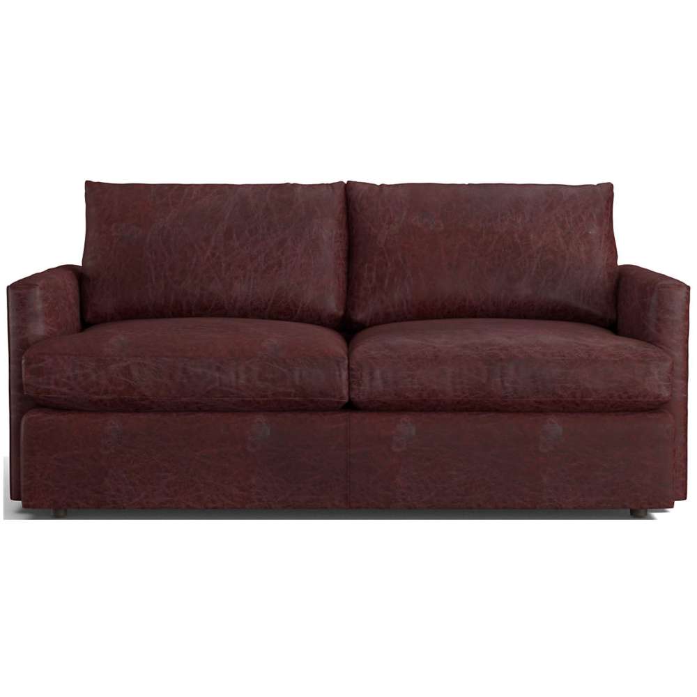 Leather Oxblood (Montura) Crate & Barrel Lounge Sofa shown in distressed oxblood leather with plush cushions and slim track arms