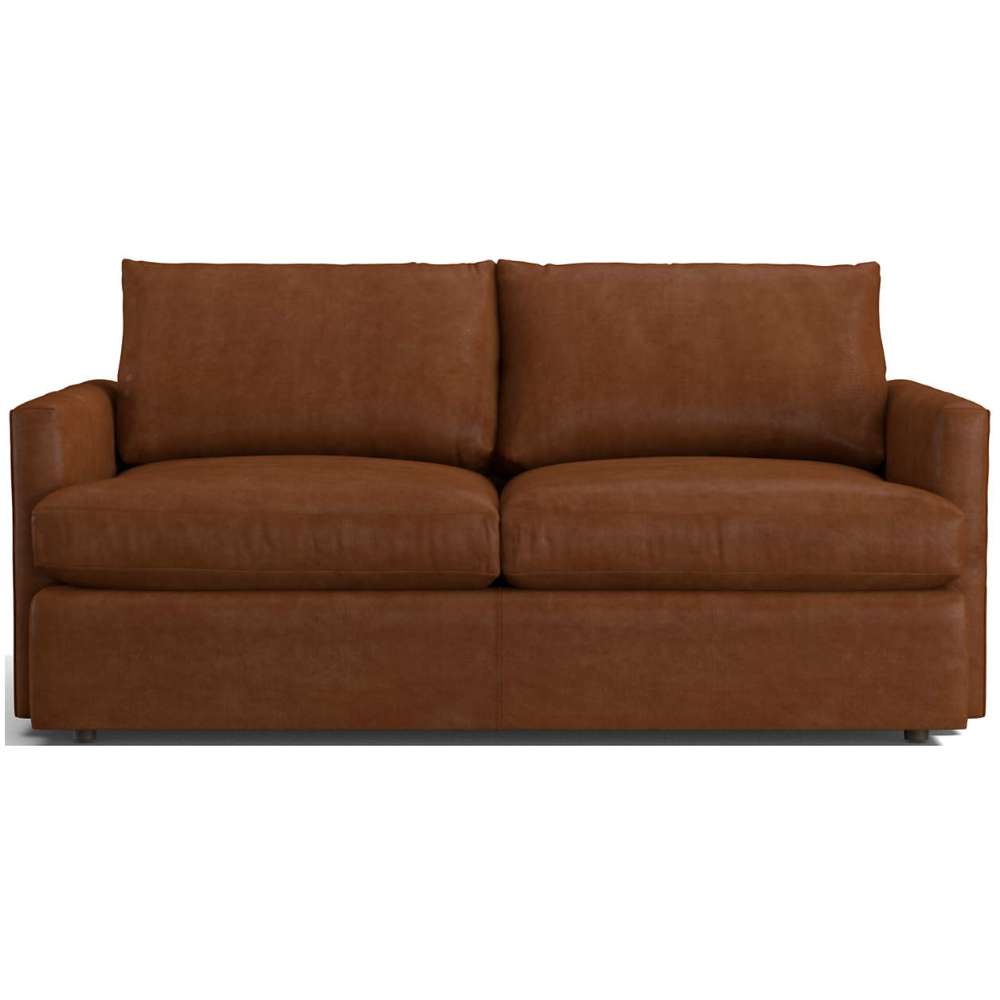 Leather Pecan (Satchel) Crate & Barrel Lounge Sofa shown in warm pecan leather with plush cushions and clean track arms