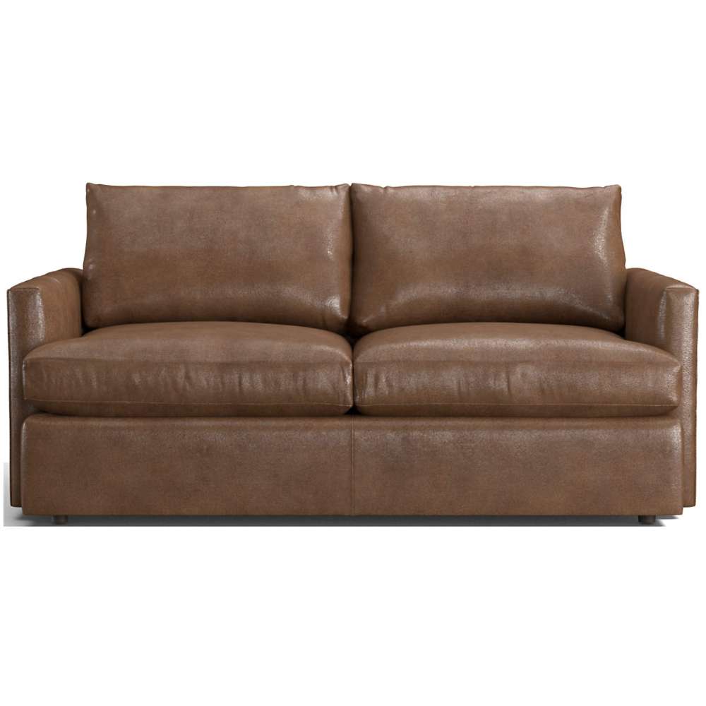 Leather Sycamore (Dressage) Crate & Barrel Lounge Sofa shown in taupe leather with smooth cushions and modern track arms