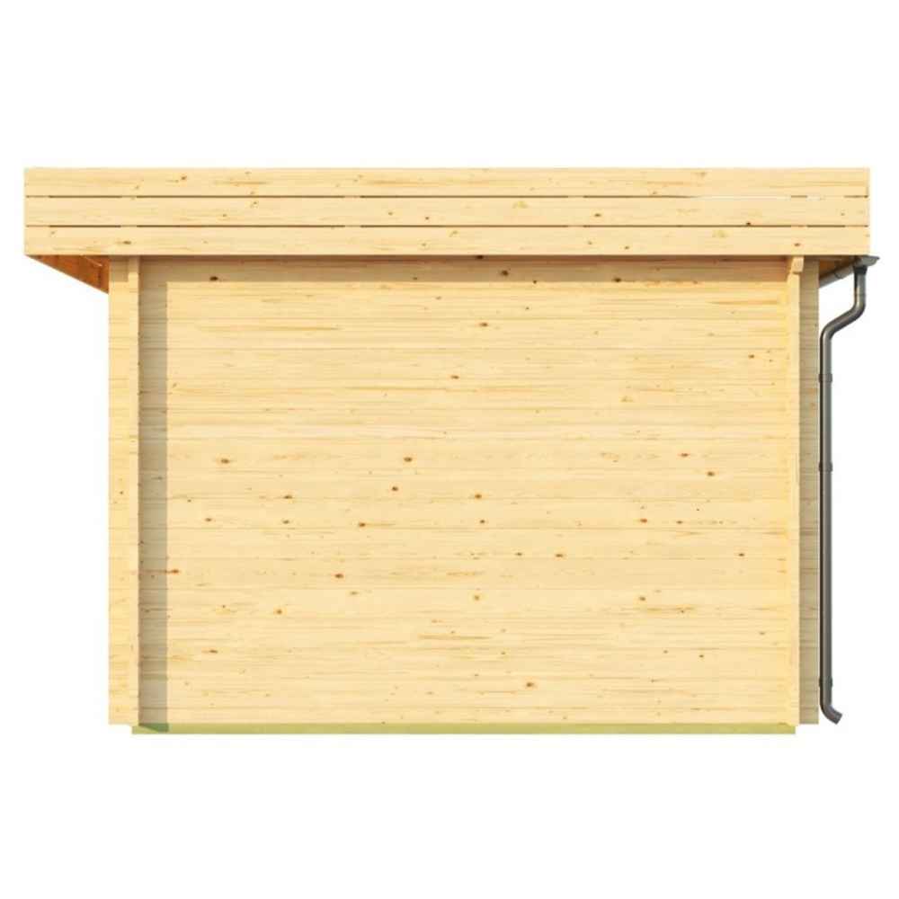 Left-side view of the GardenHouse24 USA Miriam 44C Classic Garden Room shows a blank wooden wall with a slim roof edge