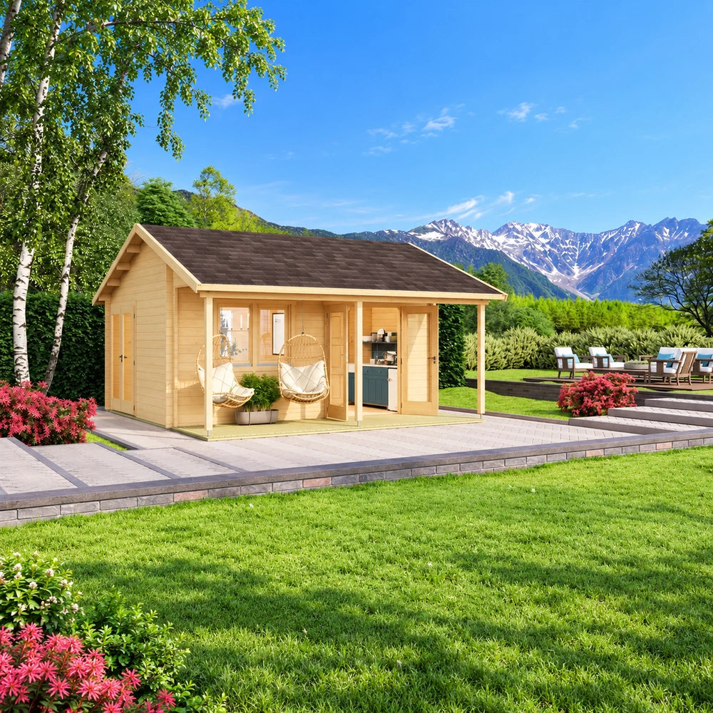 Lerum 44 wooden garden room with a covered porch, two hanging egg chairs and an outdoor kitchen, set in a landscaped garden against snow-capped mountains.
