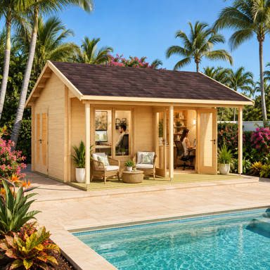 Lerum 70 Freedom Office configured as a sunny executive home office beside a pool in a lush Palm Beach County tropical garden.