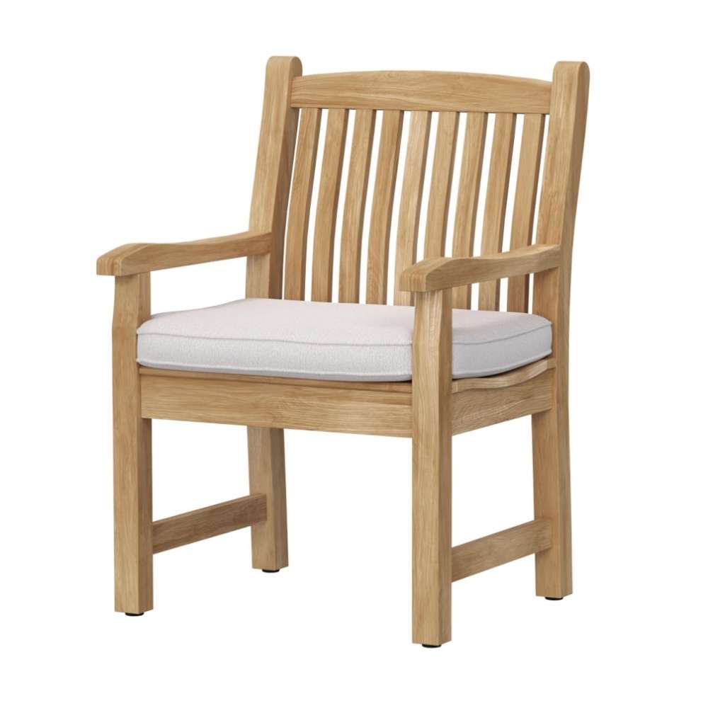 Light teak wooden chair with a slatted back and armrests, paired with a soft cushion, is shown against a plain background as Westminster Teak Veranda Teak Armchair