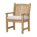 Light teak wooden chair with a slatted back and armrests, paired with a soft cushion, is shown against a plain background as Westminster Teak Veranda Teak Armchair