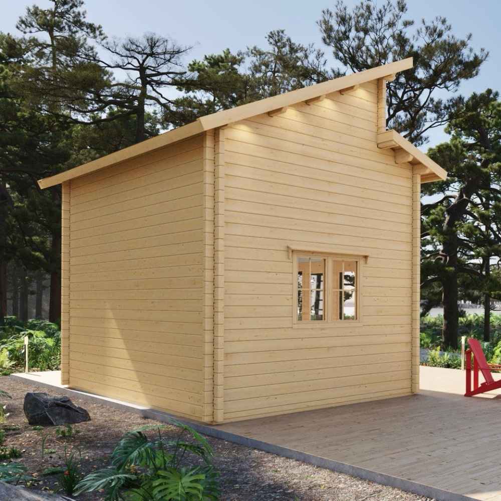 Light wood cabin with a sloped roof and single window is featured in this rear-side view of Sawmill Structures The Versa 160 Atrium Loft 70MM Garden Room