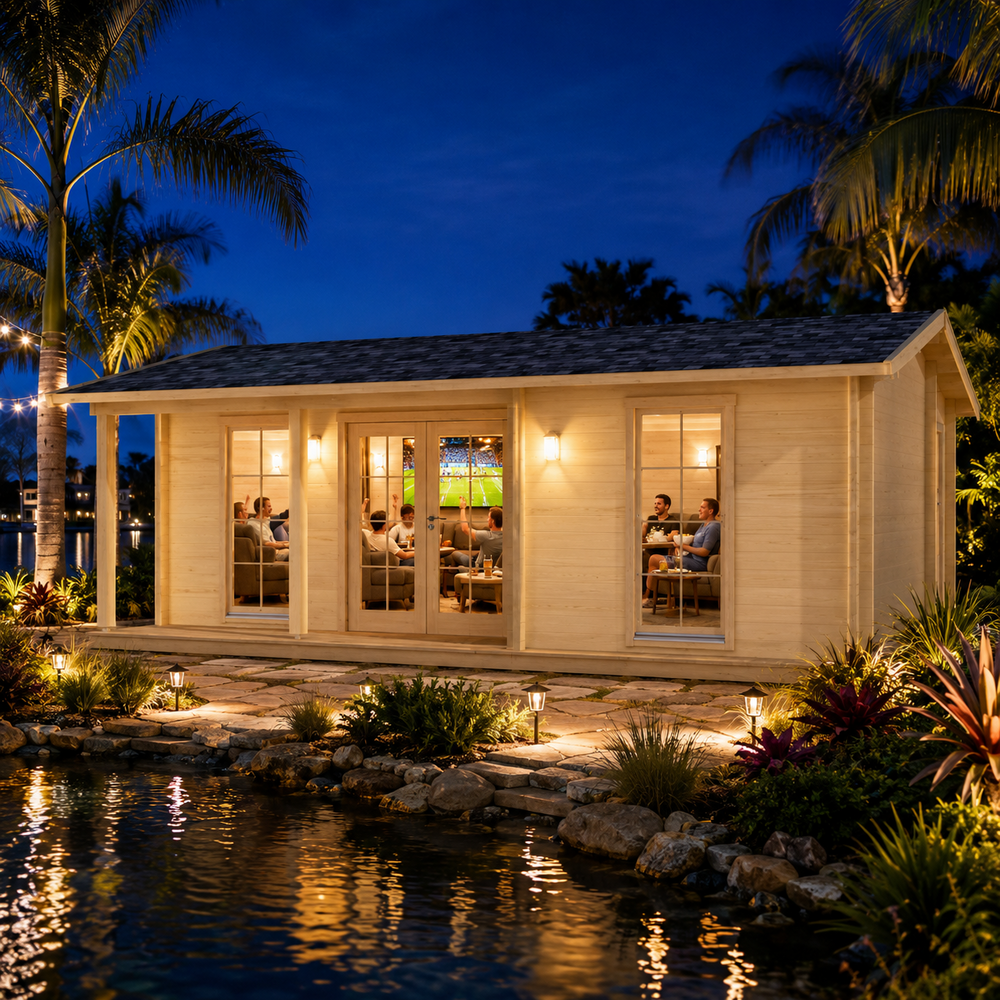 Lilja 90 glowing brightly at night as family and friends watch sports inside, framed by illuminated palms, tropical landscaping, and a reflective Florida lagoon.