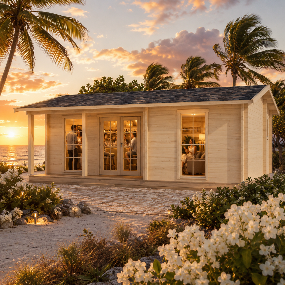 Lilja 90 transformed into an inviting backyard bar at golden hour, with adults socializing among windswept palms and coastal landscaping beside the Florida Gulf.