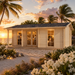 Lilja 90 transformed into an inviting backyard bar at golden hour, with adults socializing among windswept palms and coastal landscaping beside the Florida Gulf.