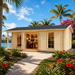Lilja 90 one-bedroom Freedom Suite configured as a sunny home office beside a Florida canal, surrounded by palms, hibiscus, bougainvillea, and tropical plants.