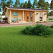 Set in a lush forested area, the GardenHouse24 USA Lilja 90 Garden Room glows warmly with large glass doors, potted plants, and soft lighting